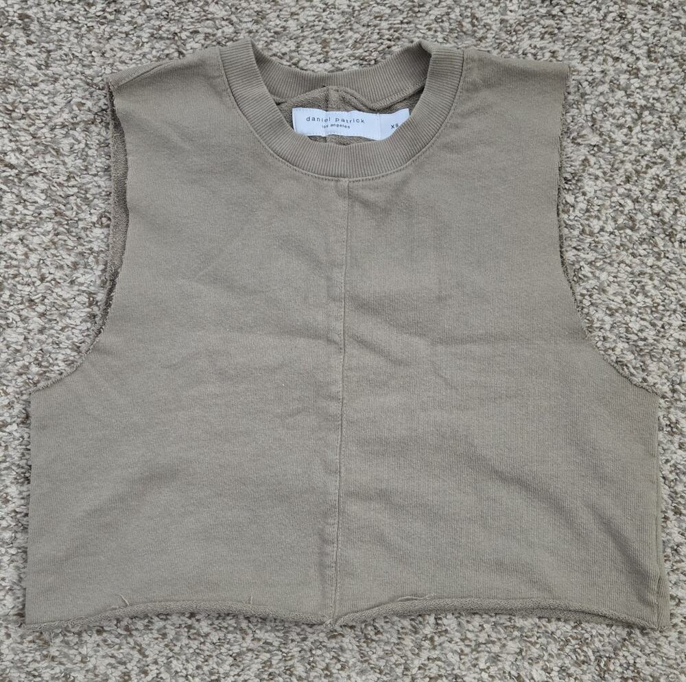 DANIEL PATRICK Crew Neck Crop Tank Top Tan Raw Hem XS Made in USA 100% Cotton